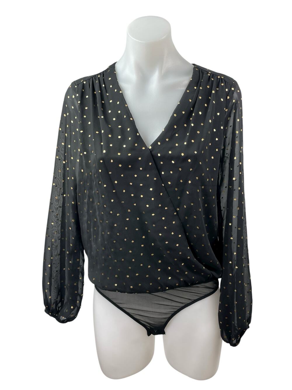 All in Favor Black Metallic Dot Sheer Mesh Long Sleeve Wrap Bodysuit Top Size S